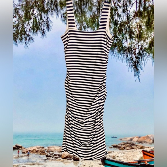 Boden Dress, ruched, Navy & White, striped bodycon, 6L - Picture 9 of 10